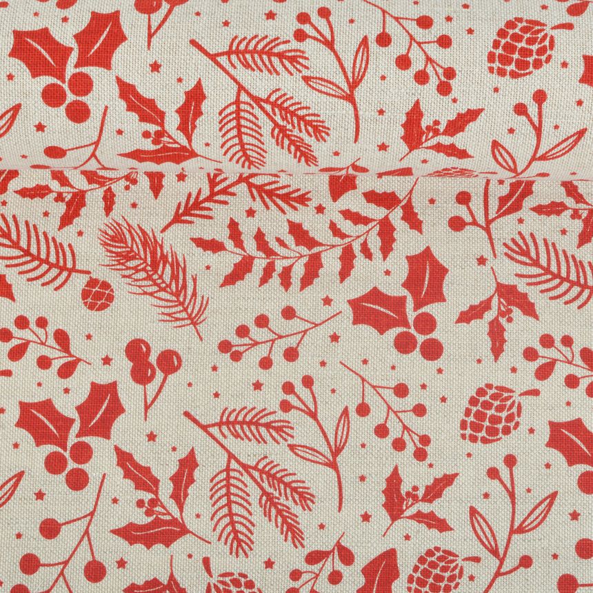 Red patterned semi-linen fabric Christmas greenery, 240 g/m²