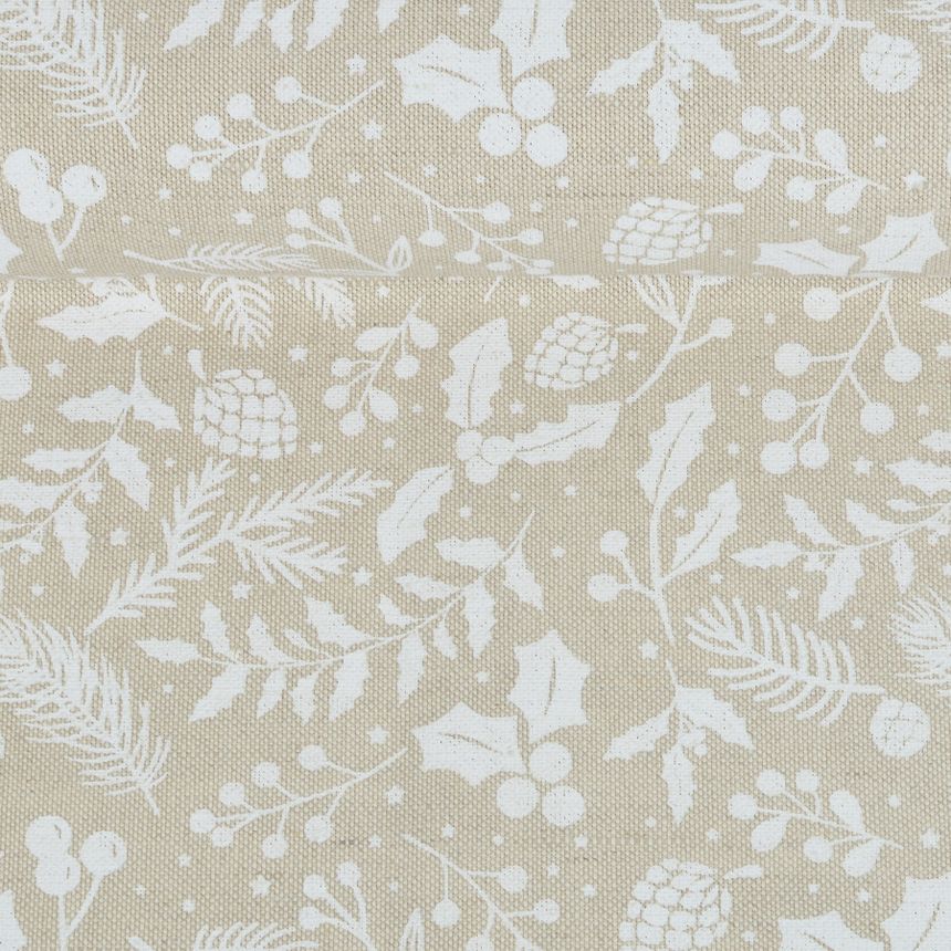 White patterned semi-linen fabric Christmas greenery, 240 g/m²