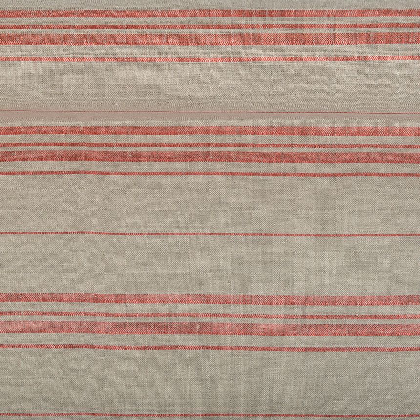 Natural color linen fabric with red lurex stripes, 150 g/m²