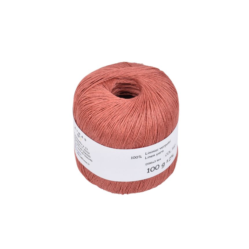 Coral pink colour linen yarn D56x3 tex, col. R10, 100 g