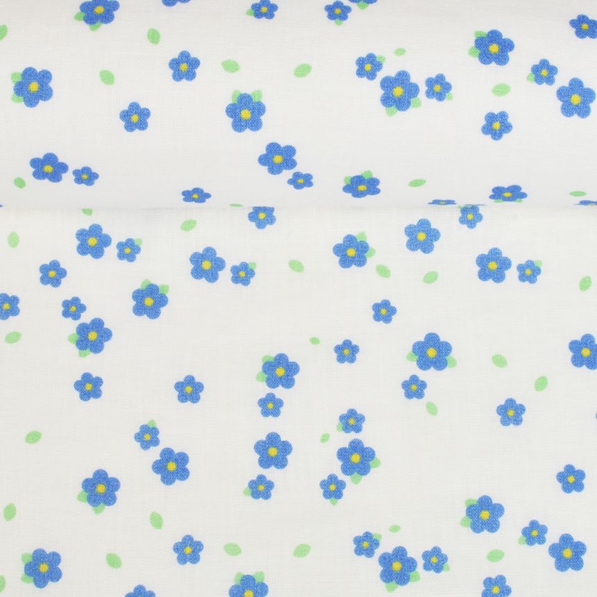 Washed linen fabric in white colour Blue flowers, 130 g/m²