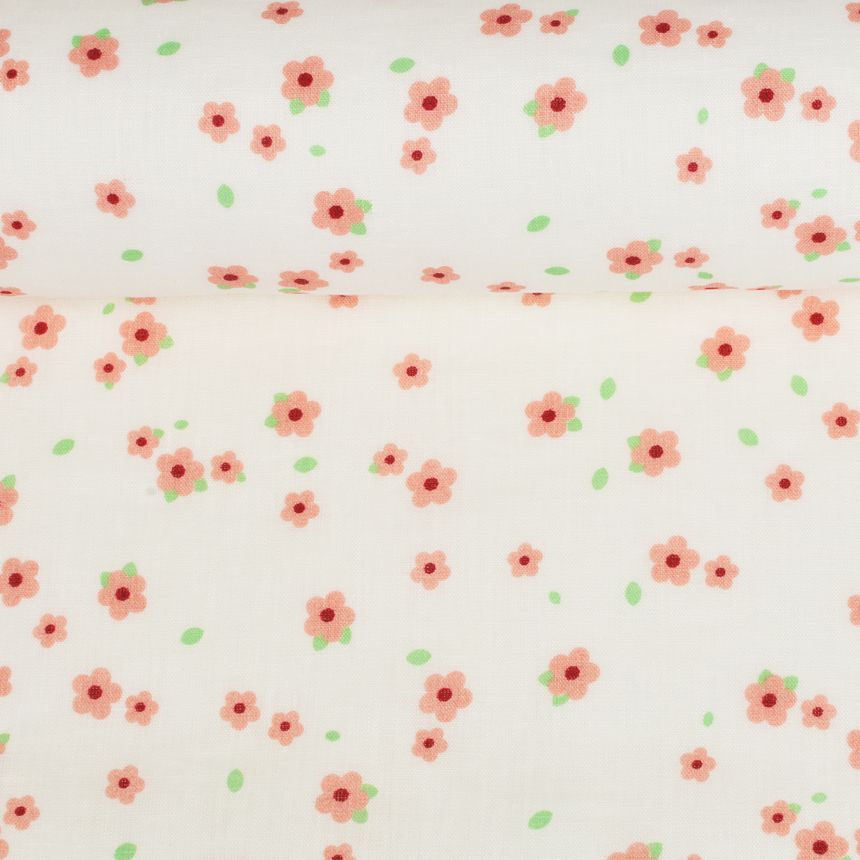 Washed linen fabric in milk white colour Pink flowers, 130 g/m²