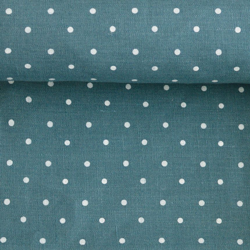 Washed blue linen fabric in white dots pattern, 195 g/m²