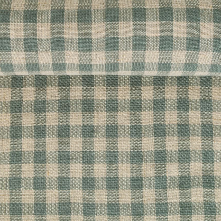 Wide softened linen fabric in greenish checks, 185 g/m² (Bale)