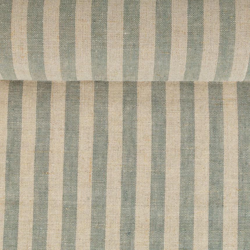 Wide softened linen fabric in greenish stripes, 185 g/m² (Bale)