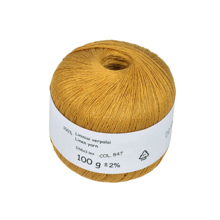 Mustard yellow colour linen yarn D56x3 tex, col. 847, 100 g