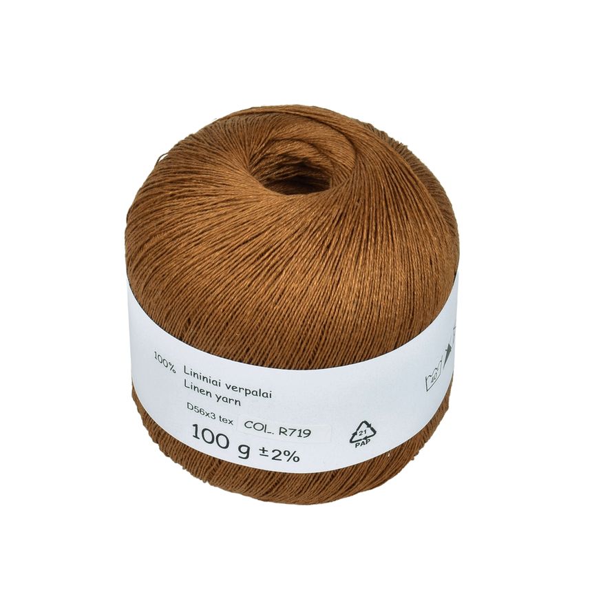 Caramel brown colour linen yarn D56x3 tex, col. R719, 100 g