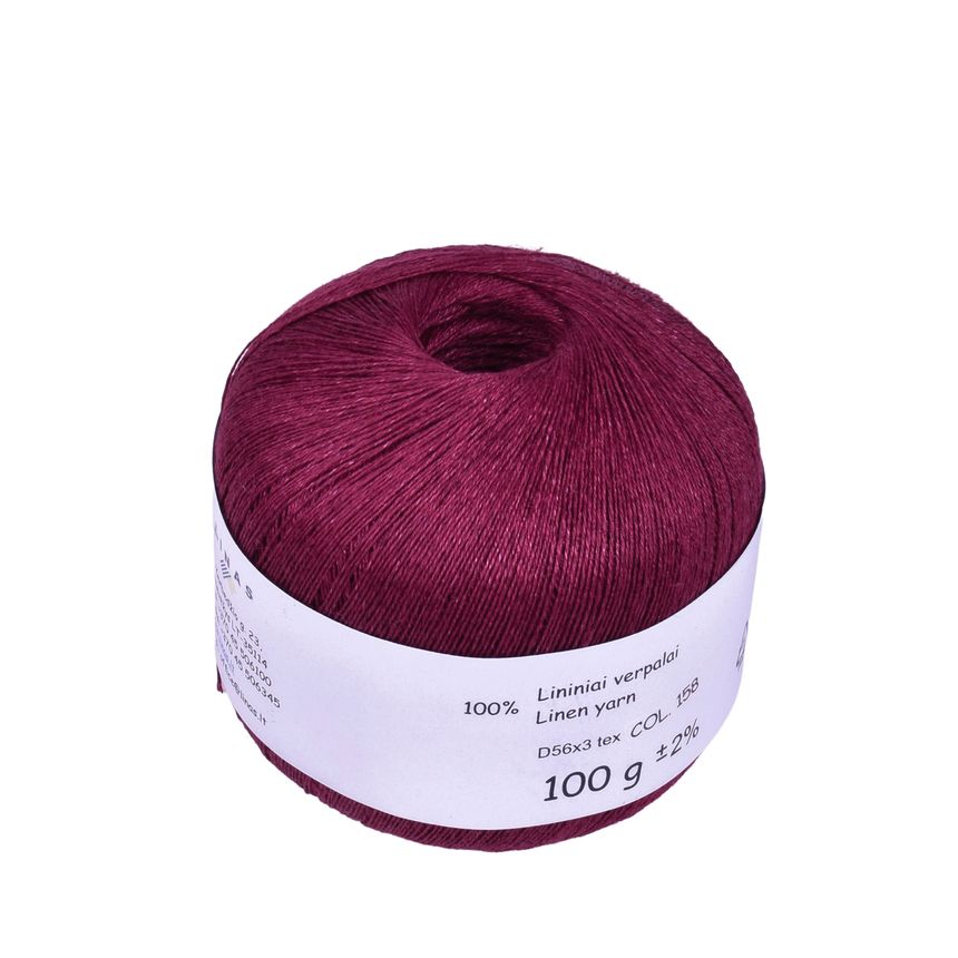 Burgundy red colour linen yarn D56x3 tex, col. 158, 100 g