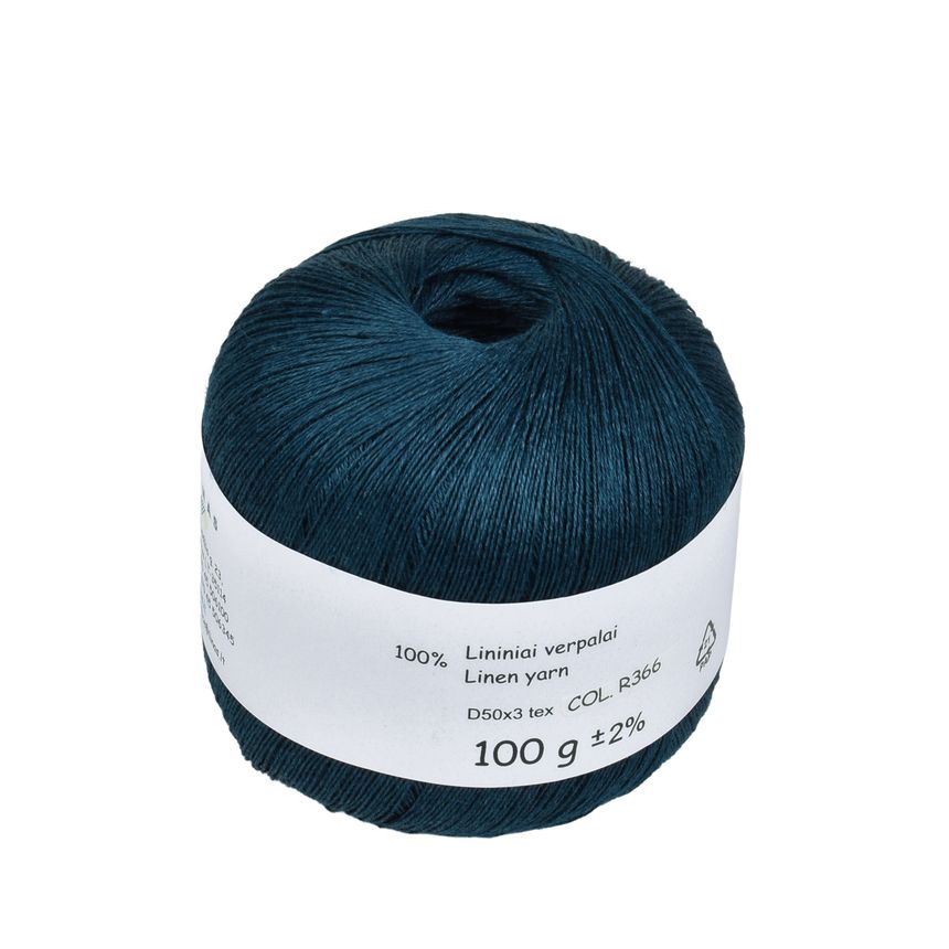 Dark turquoise colour linen yarn D50x3 tex, col. R366, 100 g
