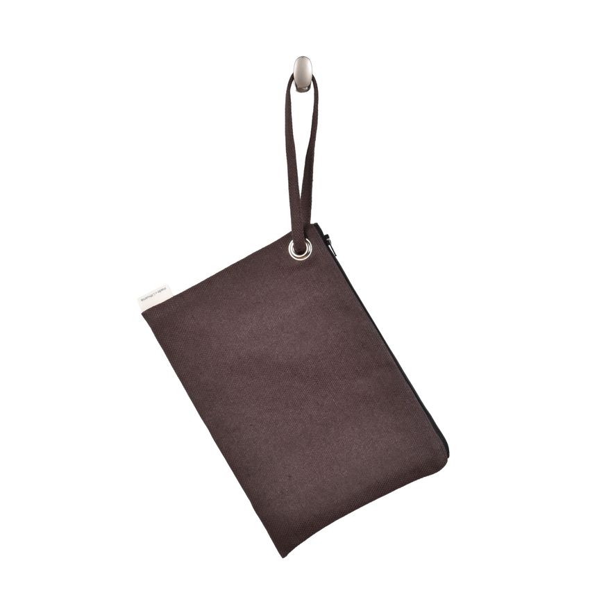 Dark brown cosmetic bag with a wrist strap