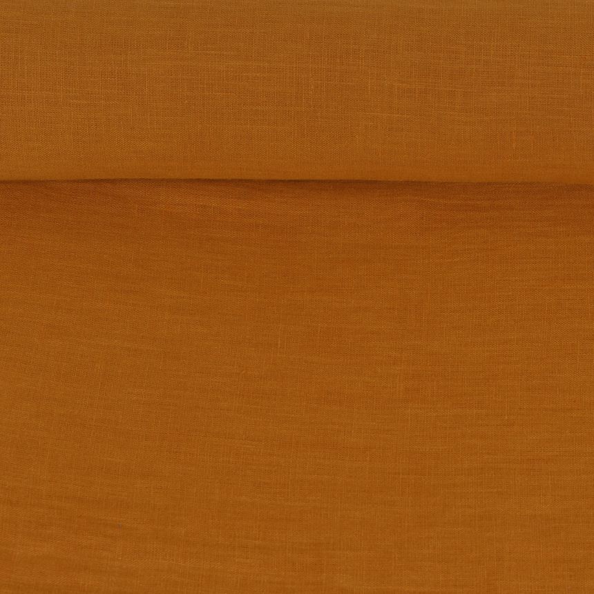 Washed linen fabric in mustard brown, 130 g/m²
