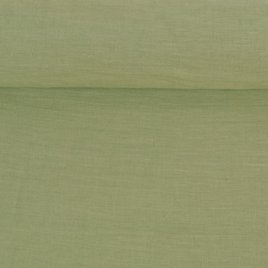 Washed linen fabric in pale green, 130 g/m²