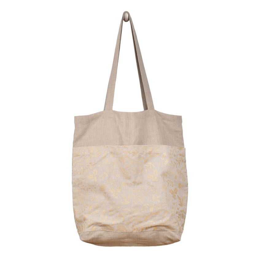 Various design linen bags with two pockets - Christmas greenery - Golden print